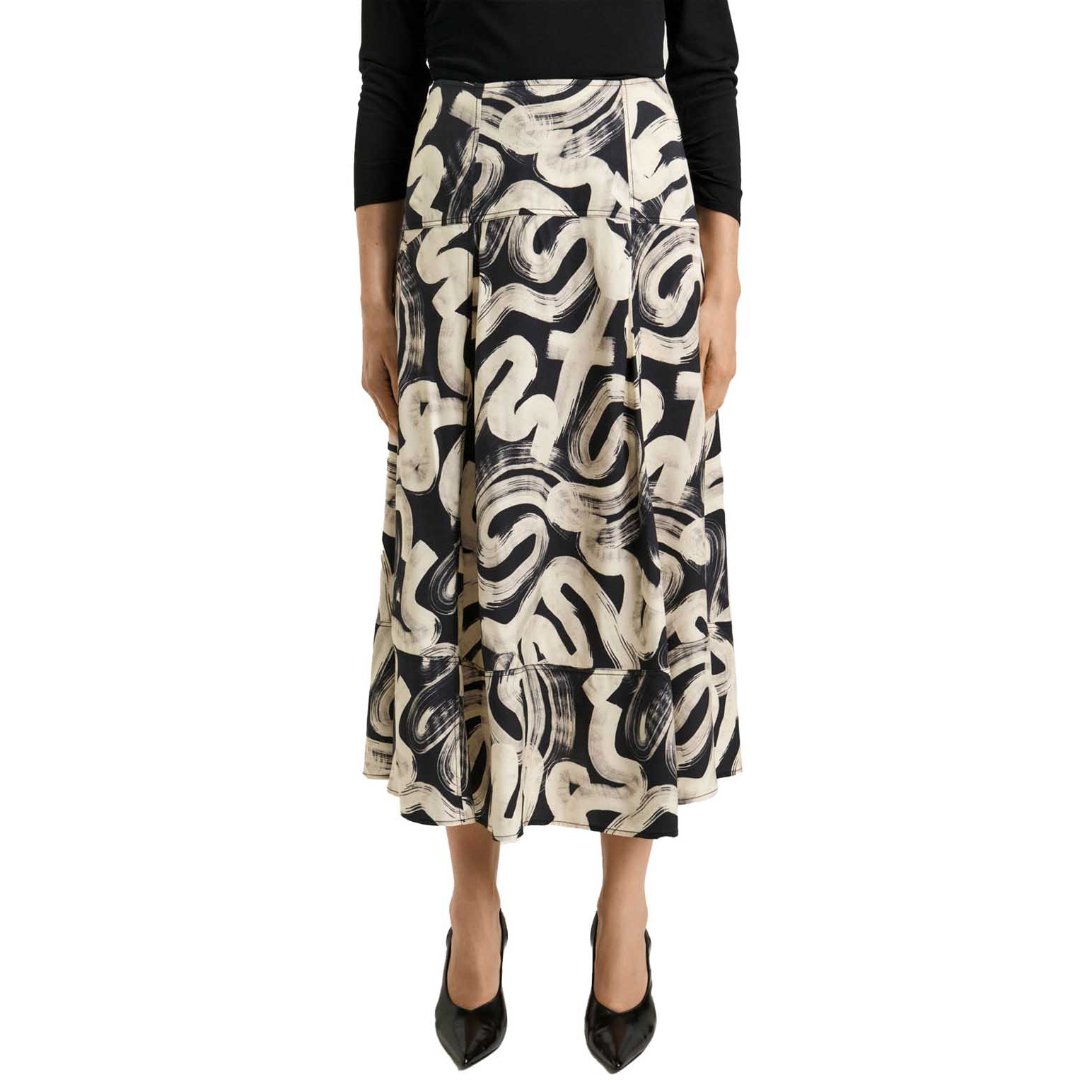 Veronika Maine Black Abstract Brush Midi Skirt